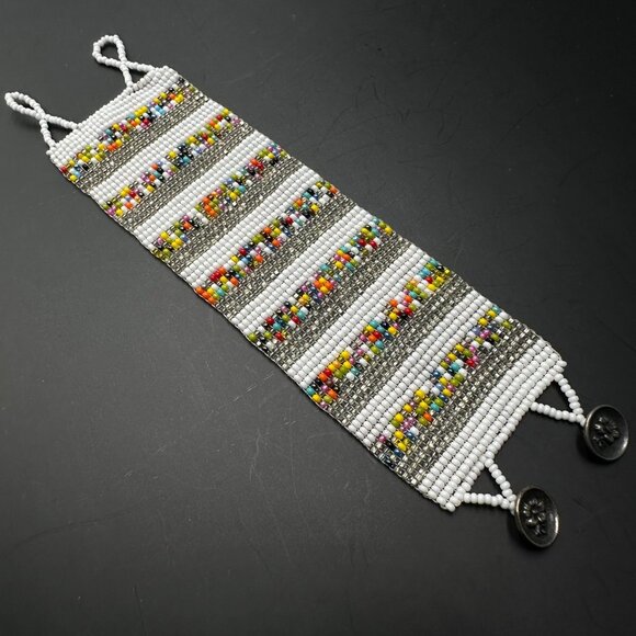 Beaded Bracelet Wide Cuff Multicolor Seed Beads White Silver Tone 925 Clasp 7.5" - Picture 3 of 9